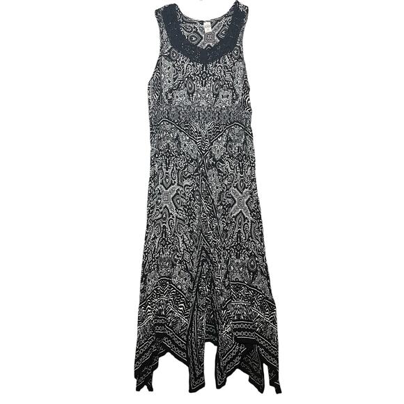 Bila Size XXL Black White Print Farah Boho Dress Handkerchief Hem Crochet Neck - Picture 1 of 9